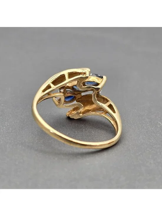 10k Gold Ring Size 7 3 Marquise Sapphire & 2 Diamond Accents Signed Cardow - Picture 5 of 16